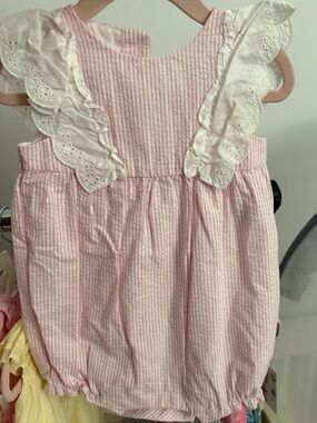 Pink Seersucker Baby Bubble Romper with Eyelet Ruffle 6-12 months